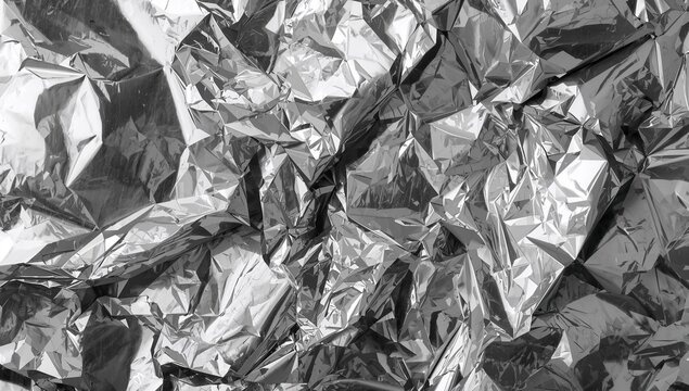 Filling frame crumpled aluminum foil reflecting upper-left light in macro, showing creases, shadows