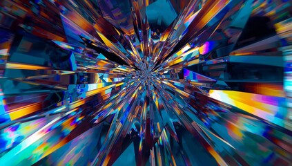 Radiating central crystal shards converging toward vanishing point in 3D render with prism streaks