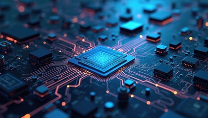 Closeup of computer circuit board with glowing blue central processor. Many microchips and circuits glow orange on dark background. Digital tech motherboard.