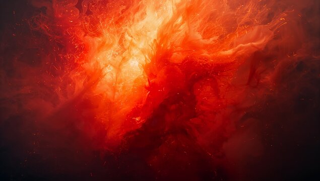 Swirling fiery cloud radiating bright core, scattering embers and dark plumes in abstract void - Powered by Adobe