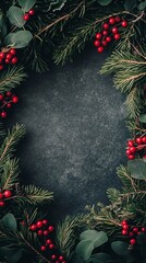 Holiday wreath made of evergreen branches and red berries .