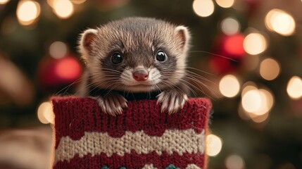 Ferret peeking out of a stocking while wearing a tiny sweater .