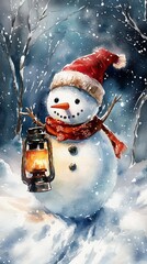 Snowman with a lantern, snowy path, watercolor style .