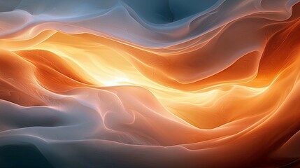 Obraz premium An abstract visualization of flowing, layered forms in warm orange and cool blue hues, with a bright, glowing center and soft, diffused light.