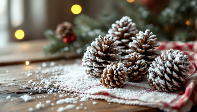 Pine cones dusted with artificial snow