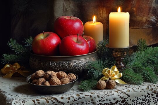 selective focus vintage christmas still life with apples and walnuts
