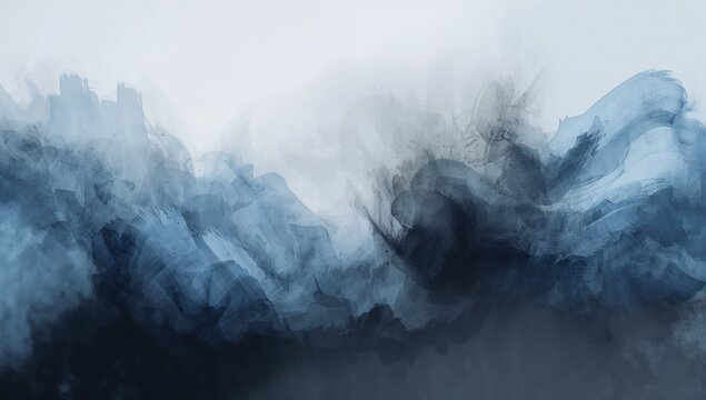 Swirling dark navy mass forming rising wave at foggy coast, with strokes, watercolor and inkblots - Powered by Adobe