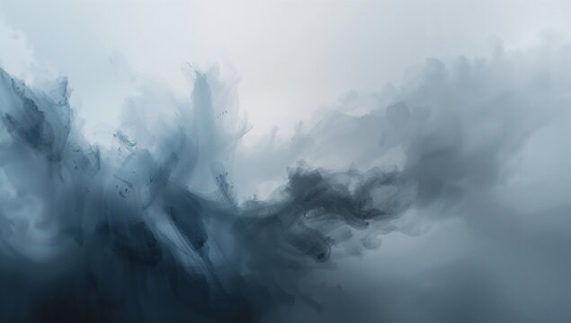 Swirling bluish-gray plume flowing across pale gradient field, with ink wisps and splatter - Powered by Adobe
