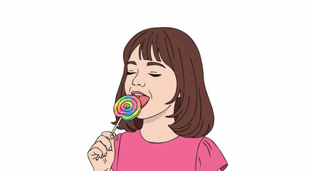 A young girl enjoys a colorful lollipop with her eyes closed.