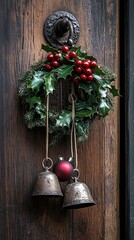 Sleigh bells and holly hanging from a rustic door handle .