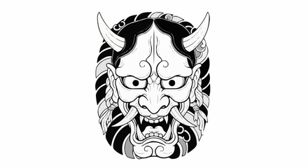 Traditional Japanese Oni mask illustration with fierce expression.