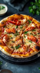 upscale Italian pizza served with delicate garnishes and high-end ingredients like lobster and truffle .