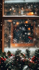 Snowflakes falling gently on a festive window decorated with holly .