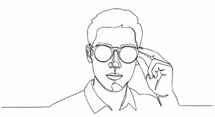 Continuous Line Drawing of a Man with Glasses Adjusting Them.