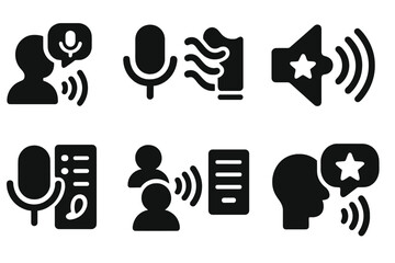 AI Voice Recommendations. Solid style icons of personalized voice recommendations: AI voice with user profile, suggested item wave