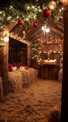 rustic holiday stable with hay bales, ornaments, and festive lights .