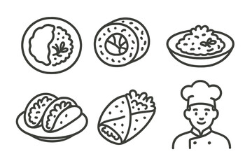 Cuisine Icons Collection. Line style icons of modern uses in cuisine: fusion dish icon, grain sushi roll, gourmet grain risotto,