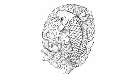 Elegant koi fish gracefully swimming amidst lotus flowers in serene artwork.