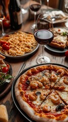 opulent Italian food spread, including seafood pasta, pizza, and fine wines in elegant glasses .