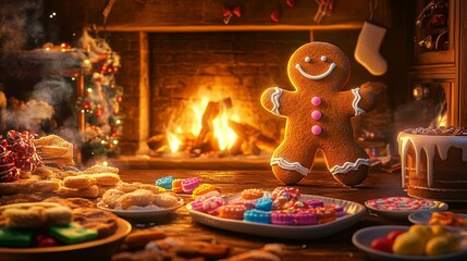 Gingerbread man sitting by a roaring fireplace, surrounded by sweets .