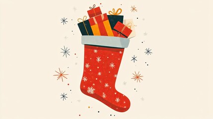 Minimalist illustration of a Christmas stocking filled with gifts on a light background .