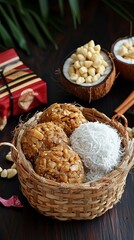 Pongal gift baskets with jaggery and coconuts .