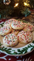 Holiday cookies on a plate with festive decorations and sprinkles .