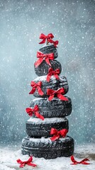 painted tire tree with red bows, snowy background, copyspace .
