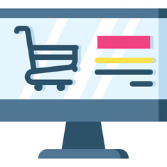 Digital shopping cart icon displayed on computer monitor screen with product listings in a flat design style on a transparent background