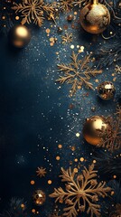 intricate golden snowflakes and golden baubles on a midnight blue background, softly glowing .