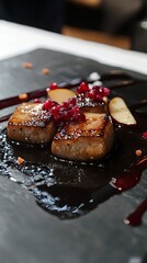 seared foie gras, berry reduction, caramel pear, sea salt, dark stone plate .