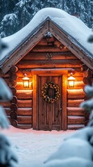 Snow-covered log cabin with a wreath on the door, glowing lights .