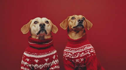 Human and dog wearing matching ugly holiday sweaters .