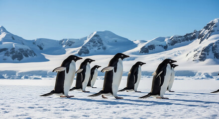 Group Adelie Penguins Walking Across