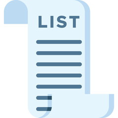 Obraz premium Document Rolled Up Showing the Word List and Horizontal Lines Representing Tasks or Items on a Pale Blue Background with a Subtle Shadow Effect