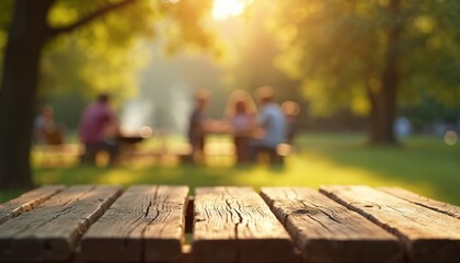Friends gather for a barbecue meal in a park with a wooden picnic table in the foreground. People enjoy outdoor cooking and dining during warm weather season.