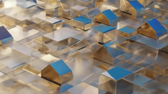 Abstract blue and gold cube cityscape animation, seamless looping background