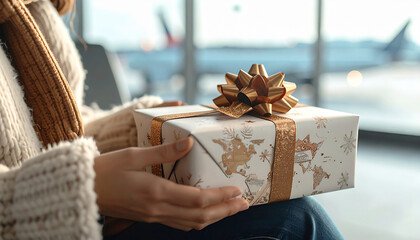 Gifted Journeys: A person tenderly holds a beautifully wrapped gift at an airport, poised at the intersection of travel and thoughtfulness.