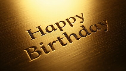 Shining embossed Happy Birthday lettering showing recessed detail on brushed gold plate in studio
