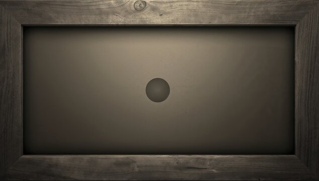 Showing thick wooden frame surrounding dark matte panel with centered disc on wall, warm lighting