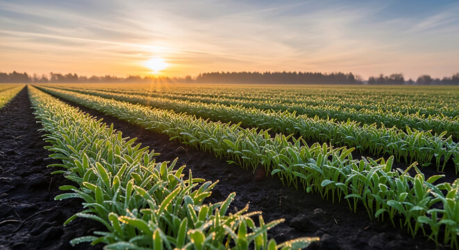 Rows of green plants covered in frost on a field at sunrise with golden sun rays agriculture - Powered by Adobe