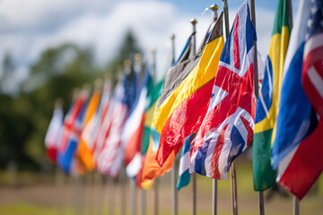 Flags from multiple nations blowing in the breeze at a global peace celebration in an open field.