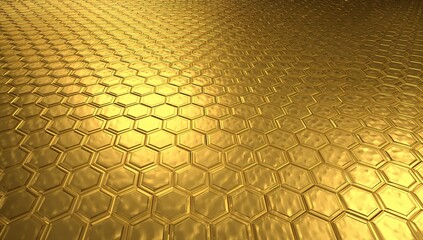 Glowing hex metal panel tilting to upper right in studio, showing bevels, dents, specular sheen