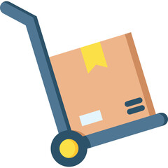 Blue Hand Truck Carrying a Cardboard Box With Yellow Label Across a Transparent Background