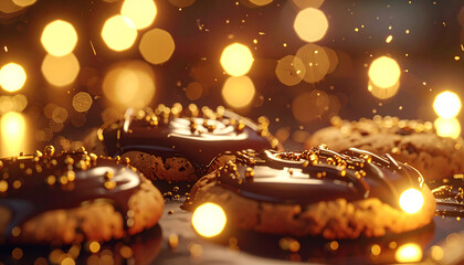 Gourmet Chocolate Cookies with Golden Bokeh: Indulge in a close-up, mouthwatering shot of gourmet chocolate cookies, their rich, dark glaze and delectable toppings enticing the senses.