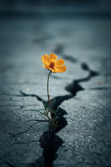 The serene scene of a single flower growing through a crack in concrete, symbolizing peace's ability to grow in even the harshest of environments.
