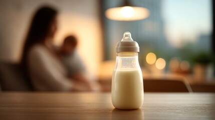 A baby bottle filled with milk sits on a wooden table. In the background, a woman holds a baby, softly blurred. The setting is warm and cozy, with soft lighting.