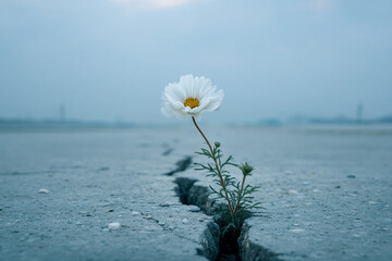 The serene scene of a single flower growing through a crack in concrete, symbolizing peace's ability to grow in even the harshest of environments.