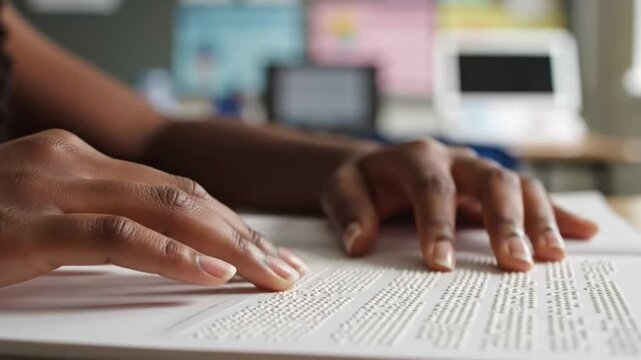 Close-up of Hands Turning Pages in a Book in a Library or Office Setting for