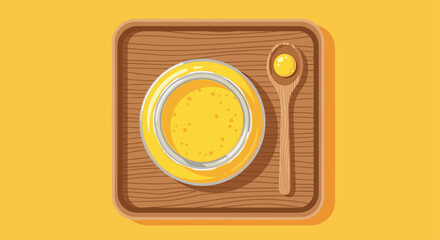 Delicious golden soup served in a bowl with wooden spoon on rustic tray, perfect for healthy eating promotion and food blog content
